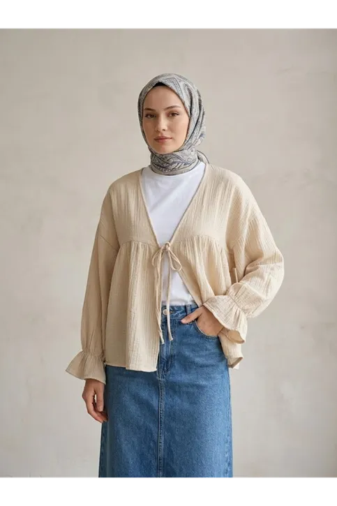 Önü Bağlamalı Kısa Kimono-Bej