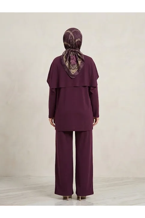 Pelerin Detay  Pantolonlu Pike Takım-Bordo