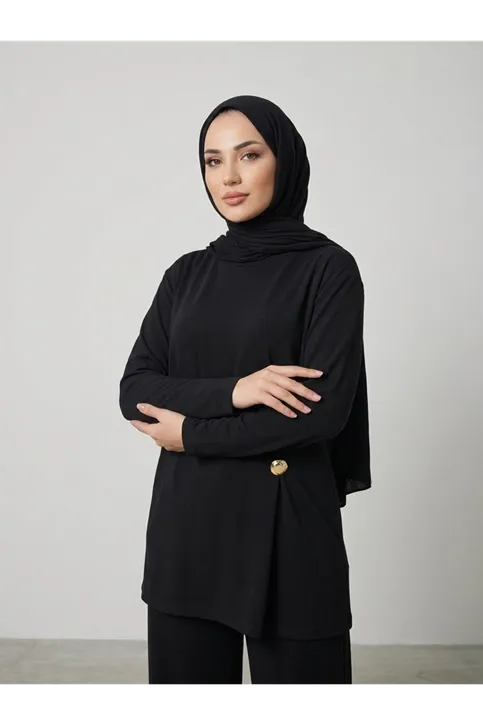 Broş Detay Pantolonlu Takım-Siyah