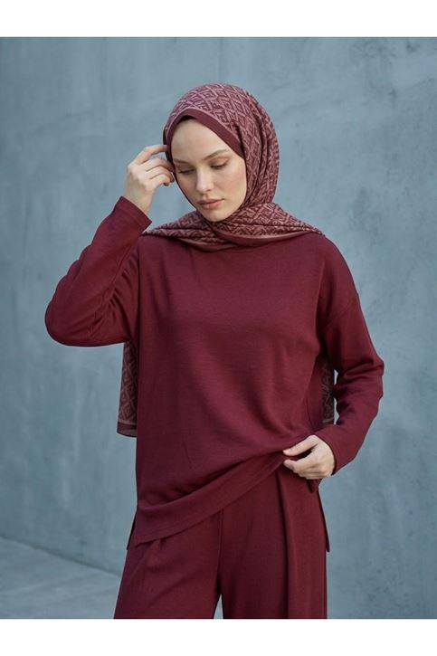 Yırtmaç Detay Oyso Pantolonlu Takım-Bordo