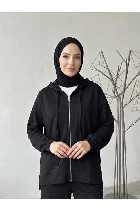 Kol Lastik Detay Kapşonlu Takım-Siyah
