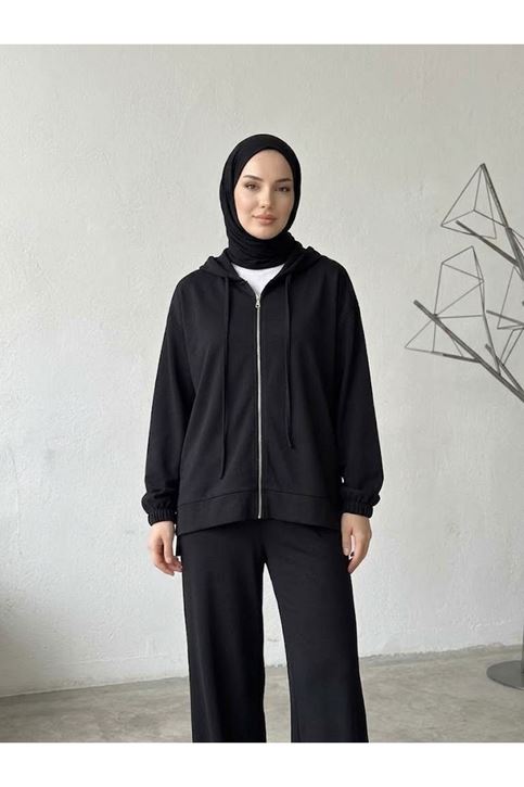 Kol Lastik Detay Kapşonlu Takım-Siyah
