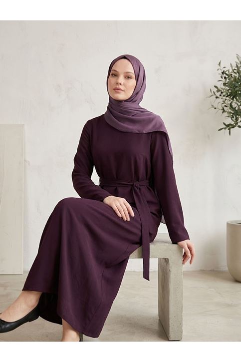 Kuşak Detay Elbise-Bordo