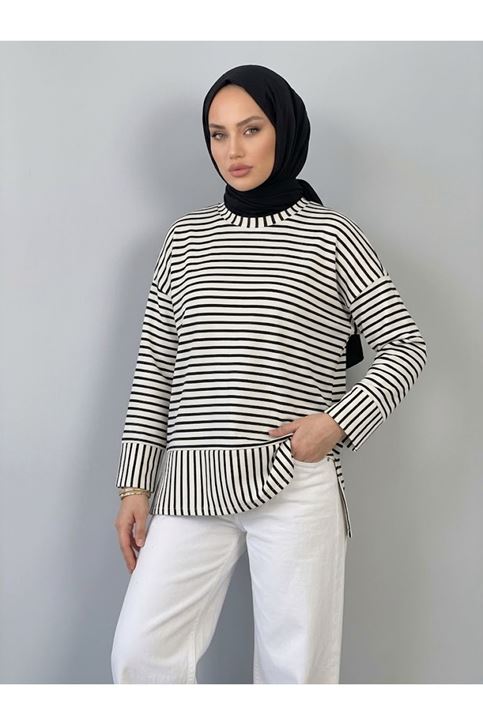 Çizgili Oysho Tunik-Siyah