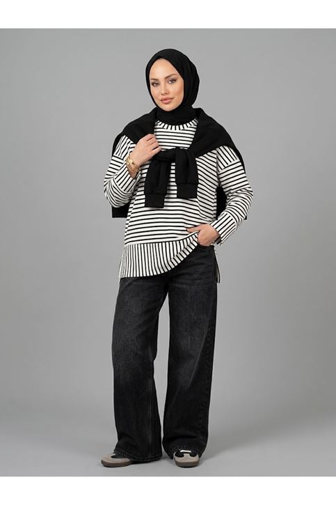 Çizgili Oysho Tunik-Siyah