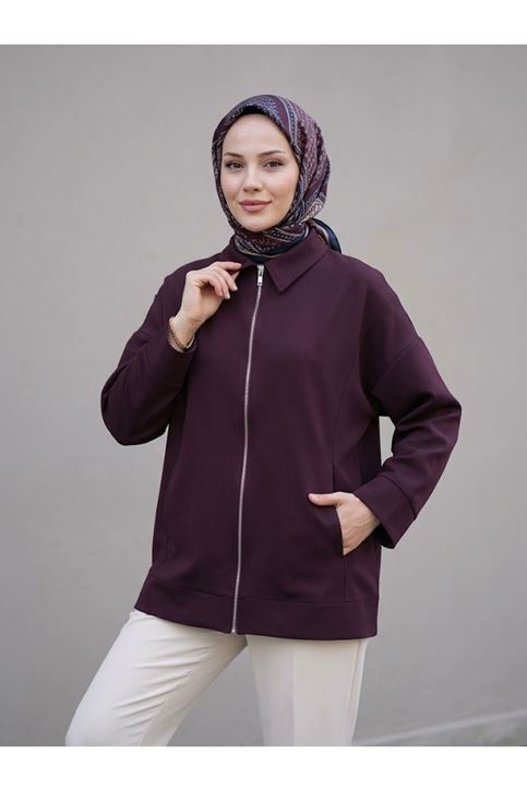 Cep Detay Fermuarlı Ceket-Bordo