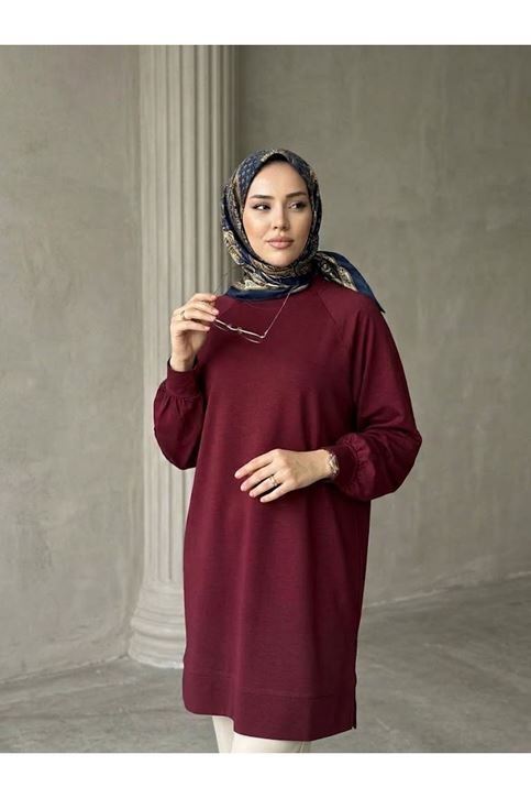 Yırtmaç Detay Manşetli Tunik-Bordo
