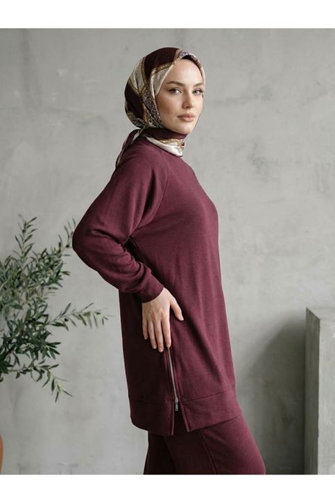 İki Yan Fermuar Detay Reglan Kol Pantolonlu Takım-Bordo