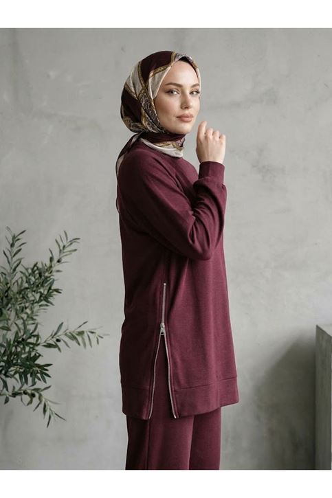 İki Yan Fermuar Detay Reglan Kol Pantolonlu Takım-Bordo