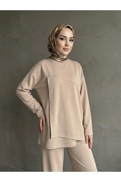 Ön Hareket Detay Pantolonlu Takım-Bej