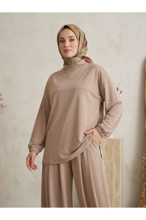Ön Roba Detay Şalvarlı Takım-Bej