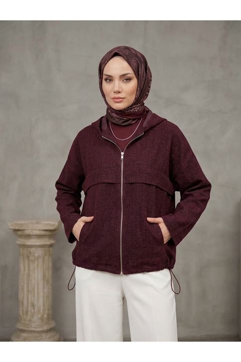 Kapşonlu Fermuarlı Tunik-Bordo