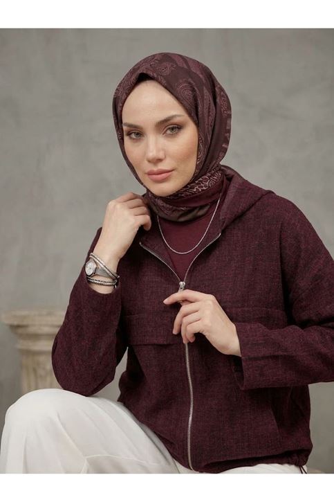 Kapşonlu Fermuarlı Tunik-Bordo
