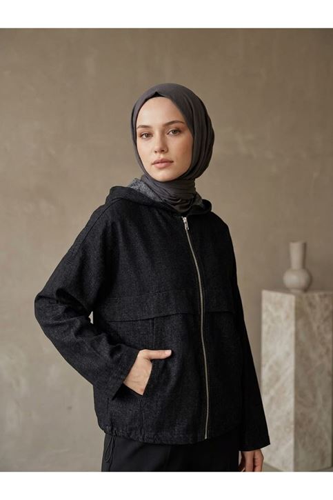 Kapşonlu Fermuarlı Tunik-Siyah