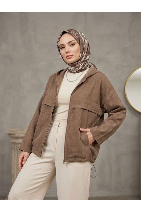 Kapşonlu Fermuarlı Tunik-Vizon