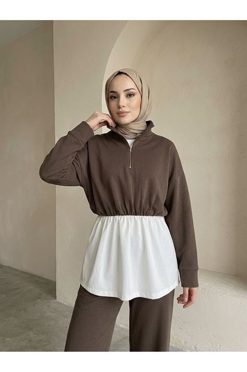 Fermuarlı Garnili Pantolonlu Takım-Kahve