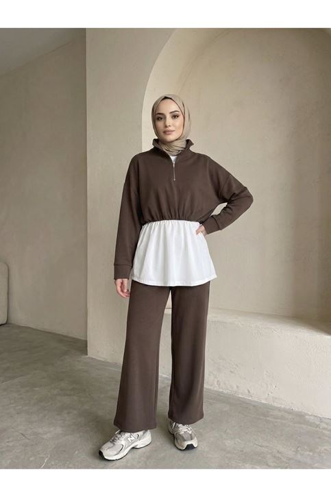 Fermuarlı Garnili Pantolonlu Takım-Kahve