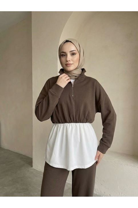 Fermuarlı Garnili Pantolonlu Takım-Kahve