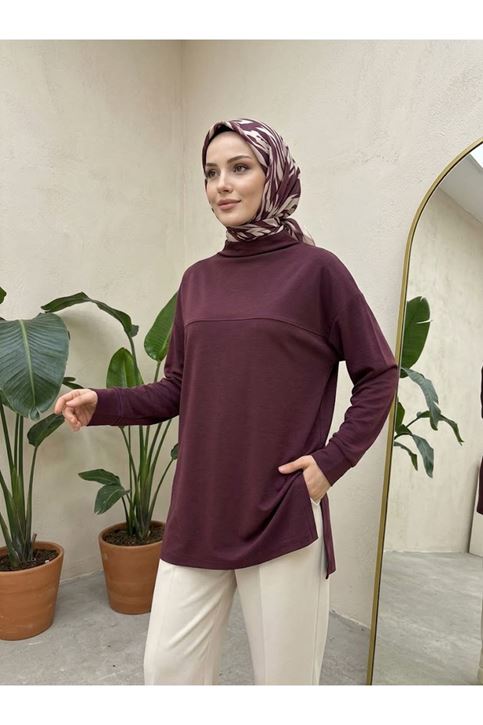 Yarım Yaka Ön Robalı Yırtmaçlı Tunik-Bordo