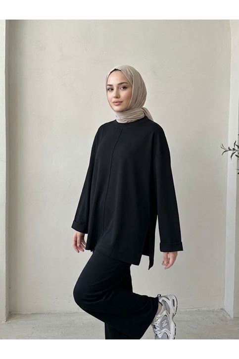 Kol Katlama detay  Yırtmaçlı Pantolonlu Takım-Siyah