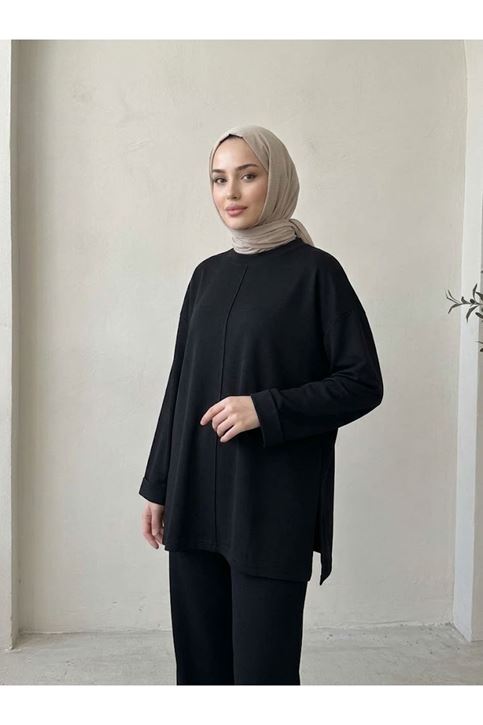 Kol Katlama detay  Yırtmaçlı Pantolonlu Takım-Siyah