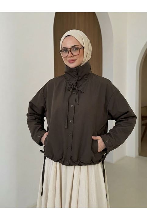 Etek Ve Yaka Biyeli Düğmeli Tunik-Kahve