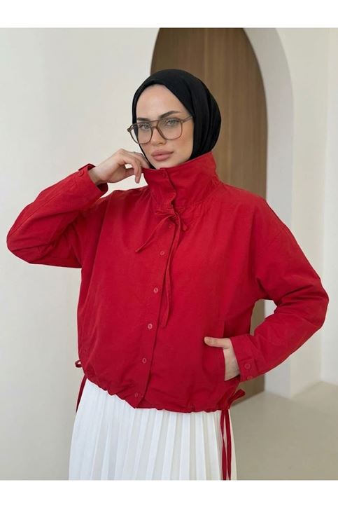 Etek Ve Yaka Biyeli Düğmeli Tunik-Kırmızı