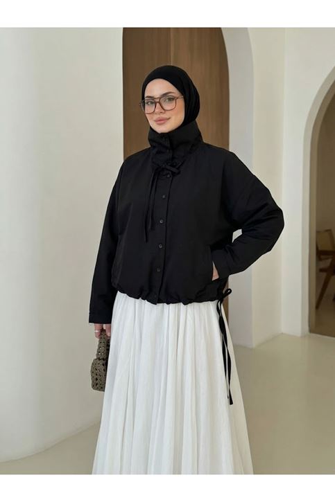 Etek Ve Yaka Biyeli Düğmeli Tunik-Siyah