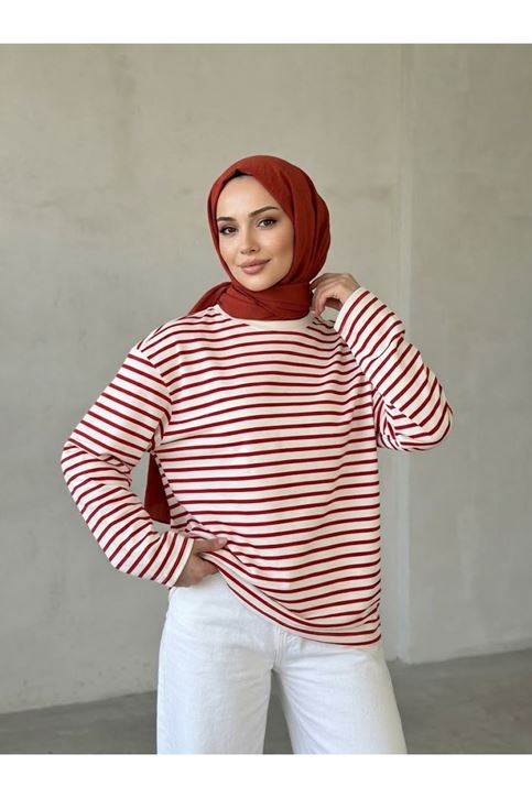 Çizgili Oysh Tunik-Kırmızı