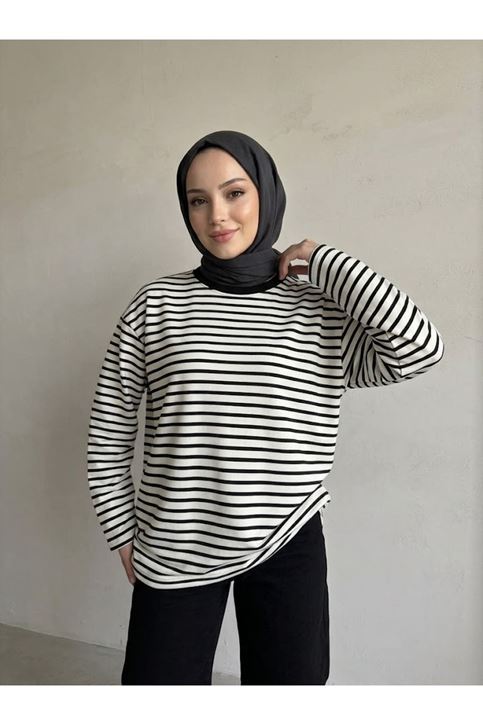 Çizgili Oysh Tunik-Siyah