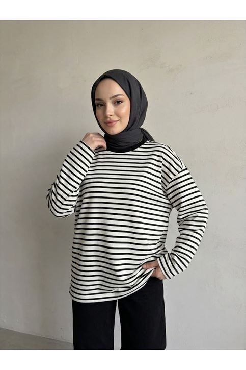 Çizgili Oysh Tunik-Siyah