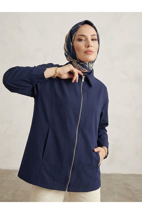 Robalı Manşetli Fermuar  Detay Trrençkot-Lacivert