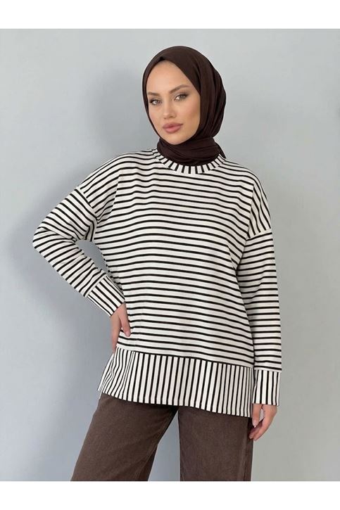 Çizgili Oysh Tunik-Kahve