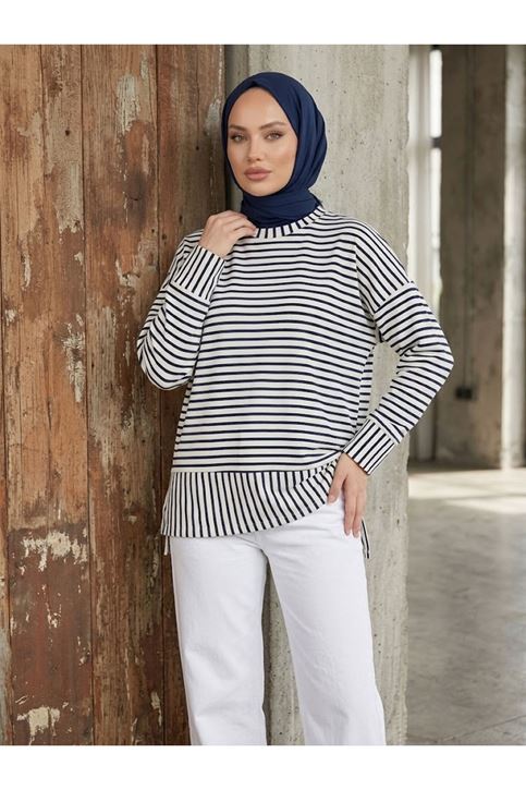 Çizgili Oysh Tunik-Lacivert