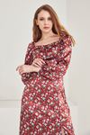 Çiçek Desen Saten Elbise-Bordo