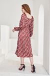 Çiçek Desen Saten Elbise-Bordo
