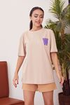 W Baskılı T-shirt-Bej