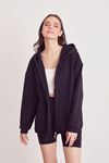 Ön Fermuarlı Kapşonlu Sweatshirt Hırka-Siyah