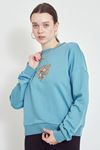 Çiçek Nakışlı Sweatshirt-Mavi