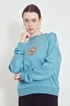 Çiçek Nakışlı Sweatshirt-Mavi