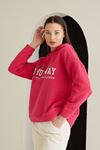 Baskılı Üç İplik Sweatshirt-Fuşya