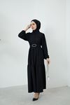 Yakalı Bürümcük Elbise-Siyah