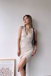 Askılı Yırtmaçlı Triko  Elbise-Bej
