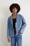 Önü Cepli Yakalı  Kot Ceket-Mavi