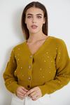 Taşlı Crop Hırka-YAĞ YEŞİLİ