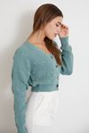 Taşlı Crop Hırka-Mint