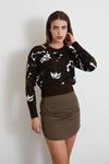 Desenli Triko Crop-Kahve