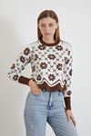 Desenli Crop Kazak-Kahve