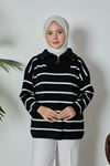 Fermuarlı Çizgili Triko Kazak-Siyah