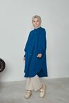Kadın Kol Nervür Detaylı Hakim Yaka Boydan Düğmeli Yırtmaçlı Yazlık Trend Modest Uzun Tesettür Tunik-İndigo